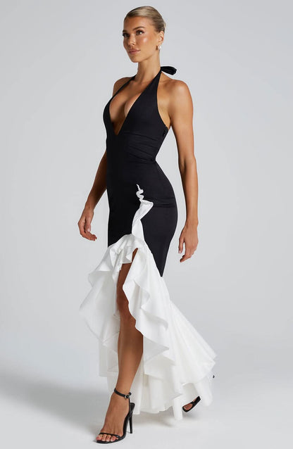 Women's Wedding Guest Halter Maxi Dress With Ruffle Hem