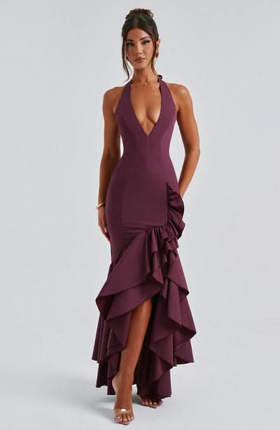Women's Wedding Guest Halter Maxi Dress With Ruffle Hem