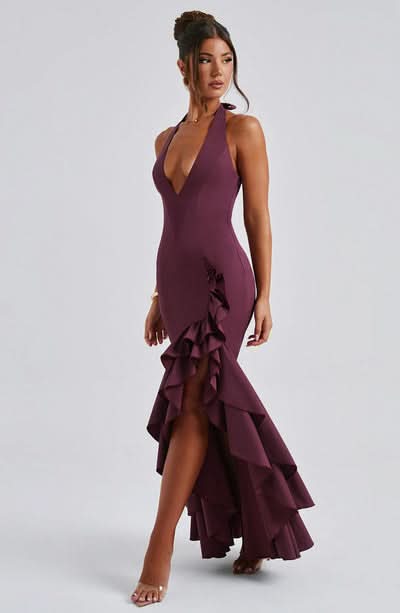 Women's Wedding Guest Halter Maxi Dress With Ruffle Hem