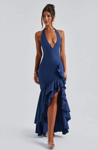 Women's Wedding Guest Halter Maxi Dress With Ruffle Hem
