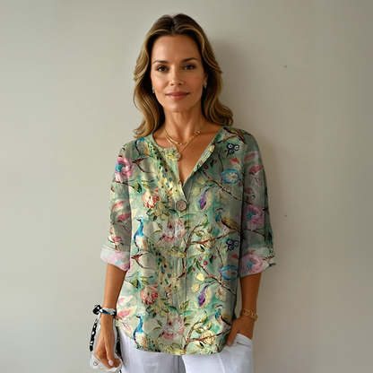 Women's Floral V Neck 3/4 Sleeve Blouse Top