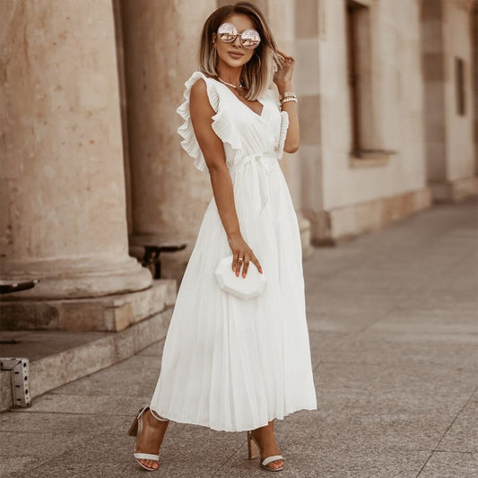 Women's Wedding Guest Pleated V Neck Maxi Dress