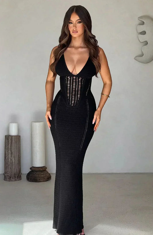 Women's Cocktail V Neck Crochet Maxi Dress