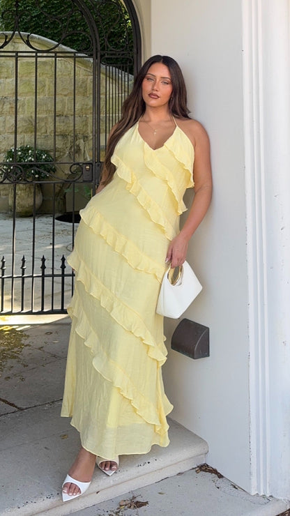 Women's Wedding Guest Ruffle Halter Maxi Dress