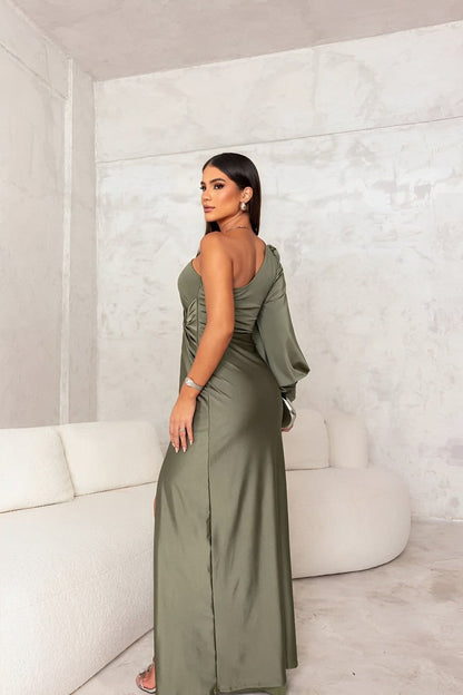 Women's Cocktail One Shoulder Satin Maxi Dress With Slit